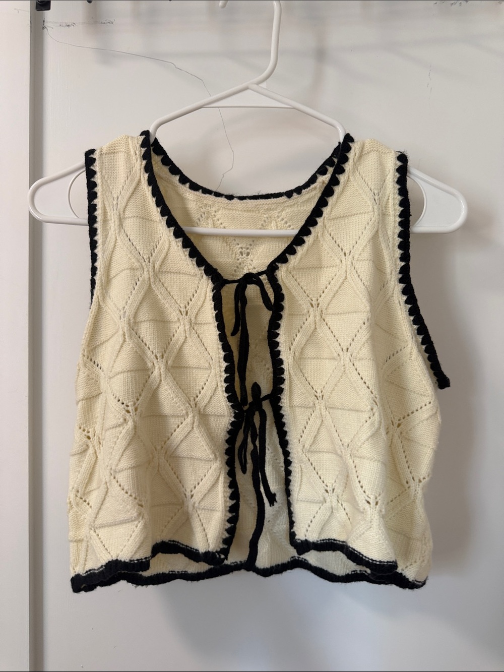 Ivory Crochet Knit Tie-Front Vest with Black Trim